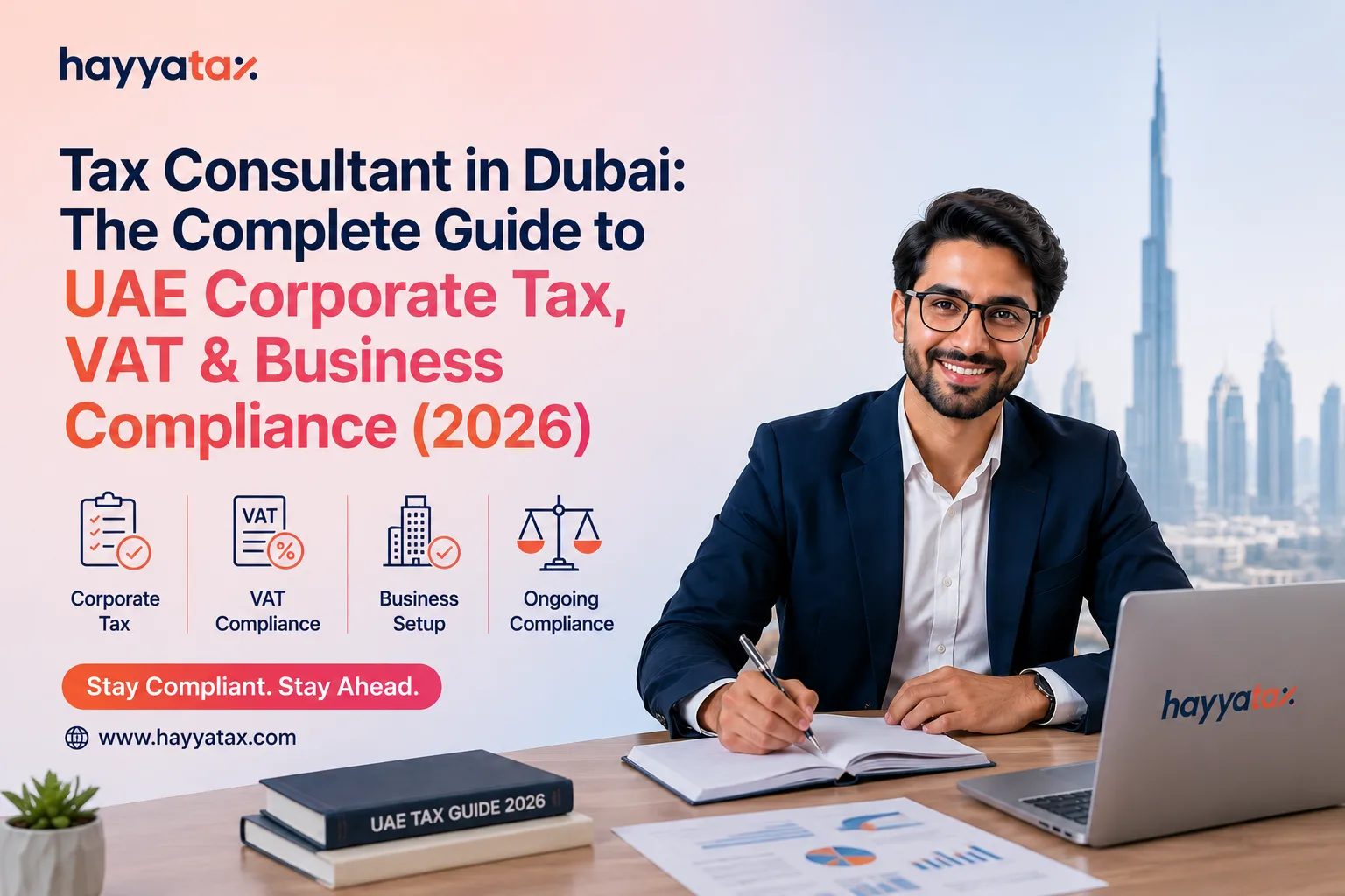 Tax Consultant in Dubai explaining UAE Corporate Tax, VAT, and business compliance in a modern Dubai office – Complete UAE Tax Guide 2026 by HayyaTax.