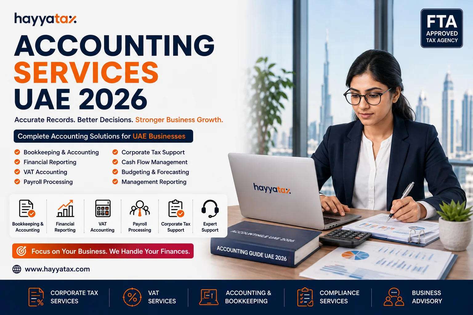 Professional Accounting Services UAE by HayyaTax featuring a female accounting officer providing bookkeeping, financial reporting, VAT, payroll, and corporate tax support.